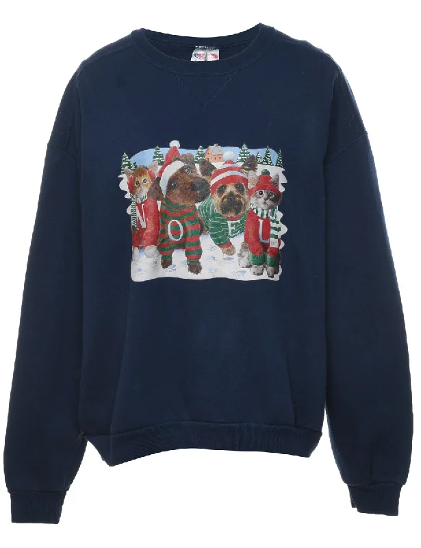 Animal Design Christmas Sweatshirt - XL Hoodie with Hood Adjustable Protection