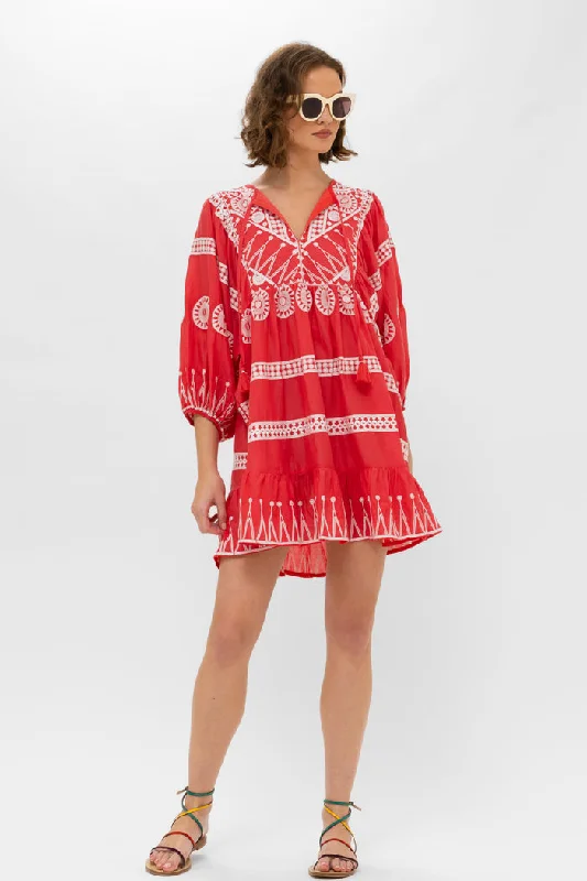 Oliphant Cuff Sleeve Mini Dress in Soleil Red Tunics Wedding white