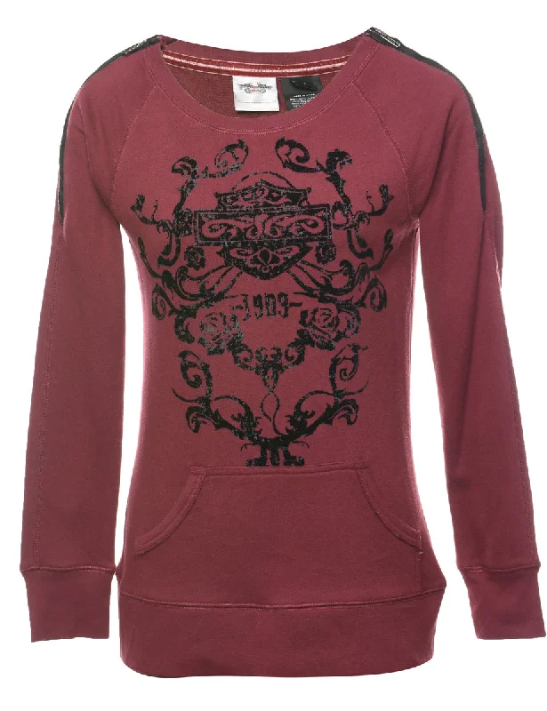 Harley Davidson Y2K Printed Sweatshirt - XS Hoodie with High-Low Hem Asymmetrical Trendy