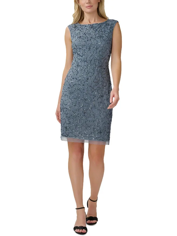 Womens Beaded Mesh Sheath Dress Crew Neckline Casual