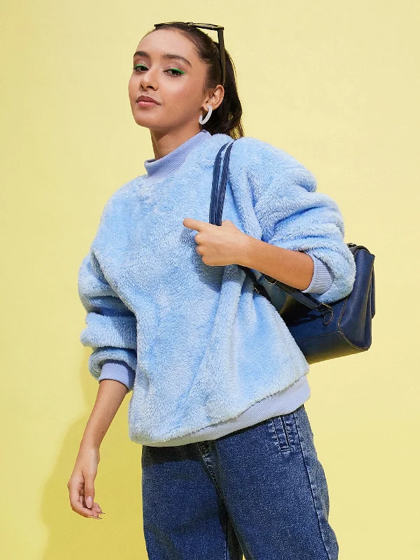 Girls Blue Fur High Neck Sweatshirt Hoodie with Raglan Sleeves Sporty Comfortable