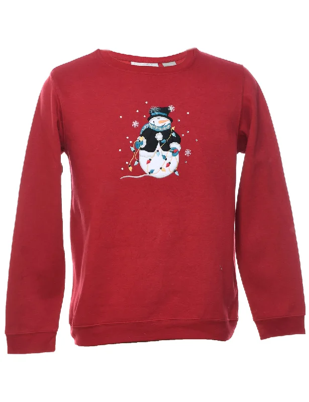Snowman Design Maroon Christmas Sweatshirt - M Hoodie with Puffed Sleeves Voluminous Trendy Snowman Design Maroon Christmas Sweatshirt - M Hoodie with Puffed Sleeves Voluminous Trendy