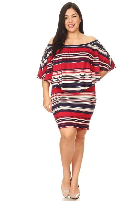 Plus Size Off Shoulder Multi Stripe Ruffle overlay bodycon Party Dress Tunics Office stylish Plus Size Off Shoulder Multi Stripe Ruffle overlay bodycon Party Dress Tunics Office stylish