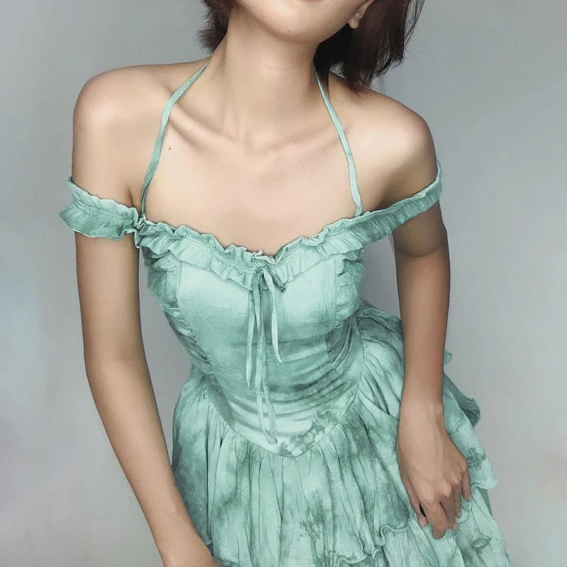 Getadme Fashion Halter Off the Shoulder Ruffles Short Dresses Y2K Streetwear Party Club Strapled Mini Dress Green A-line Dress Stylish Sweetheart Neck Mini Dress