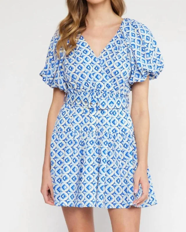 V-Neck Puff Sleeve Mini Dress in Blue Geo Print | Blue Geo Print Fashionable A-Line Mini Dress