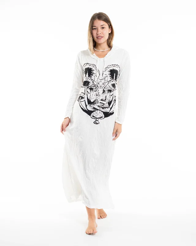 Womens Spirit Shroom Cat Long Hoodie Dress in White Hoodie with Longline Fit Extended Stylish Womens Spirit Shroom Cat Long Hoodie Dress in White Hoodie with Longline Fit Extended Stylish