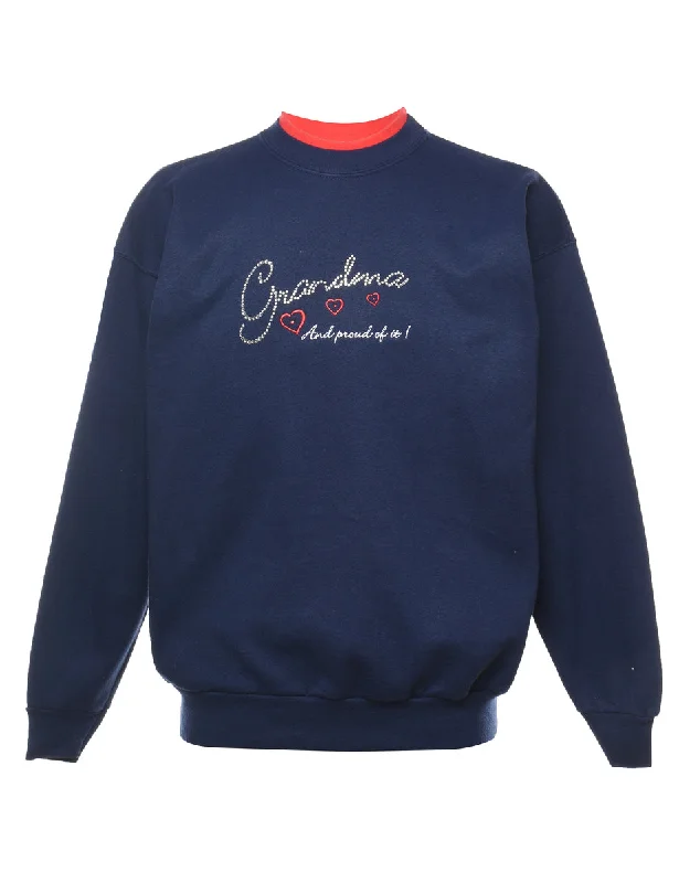 Navy Grandma Design Embellished 1990s Sweatshirt - L Hoodie with Hem Frayed Vintage Worn Navy Grandma Design Embellished 1990s Sweatshirt - L Hoodie with Hem Frayed Vintage Worn