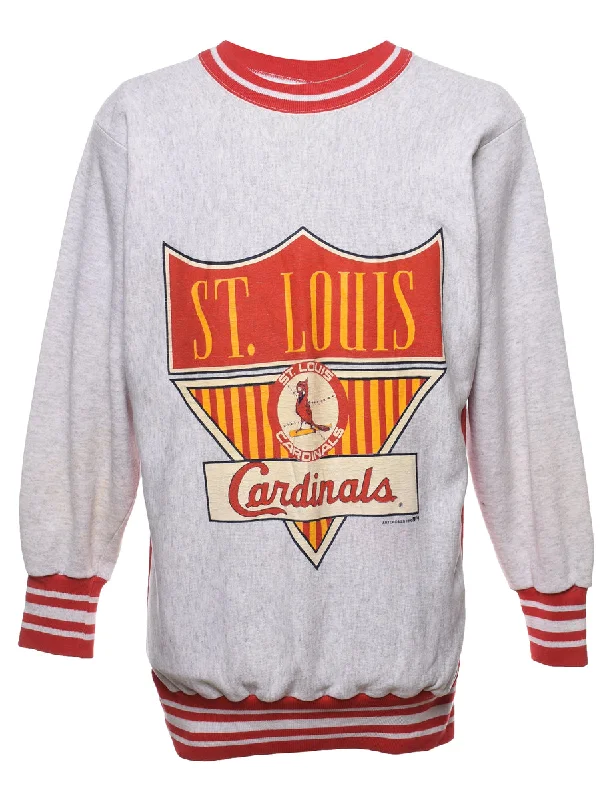 St. Louis Cardinals Baseball Light Grey & Red Printed Sweatshirt - L Hoodie with Hem Raw Edge Edgy Unfinished St. Louis Cardinals Baseball Light Grey & Red Printed Sweatshirt - L Hoodie with Hem Raw Edge Edgy Unfinished