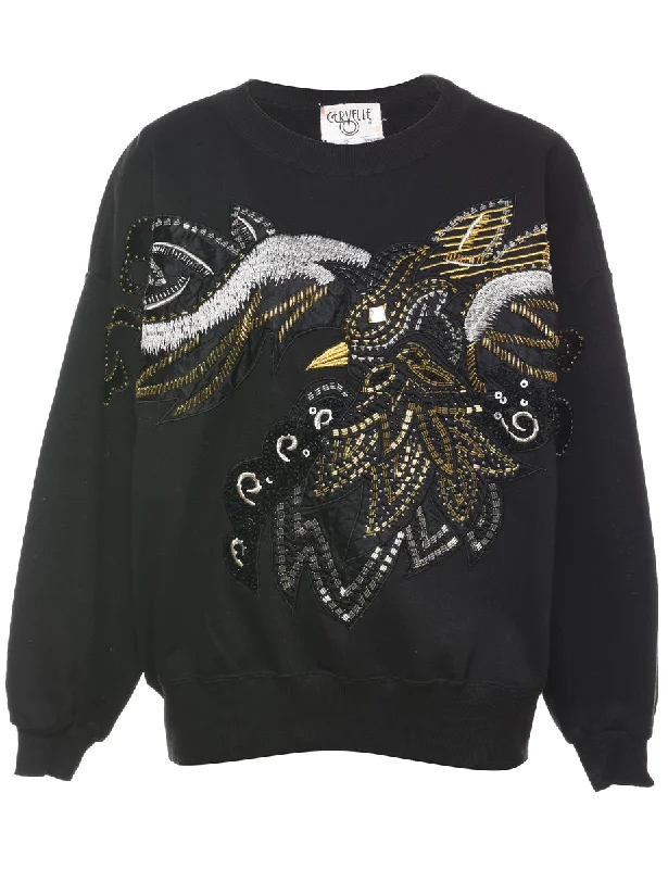 Dark Green Beaded Bird Design Sweatshirt - M Hoodie with Turtle Neck Cozy Winter