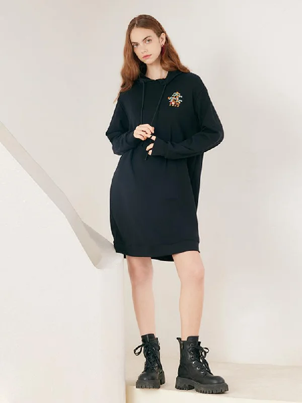 Black Long Sleeve Hoodie Dress Hoodie with Stripes Bold Sporty