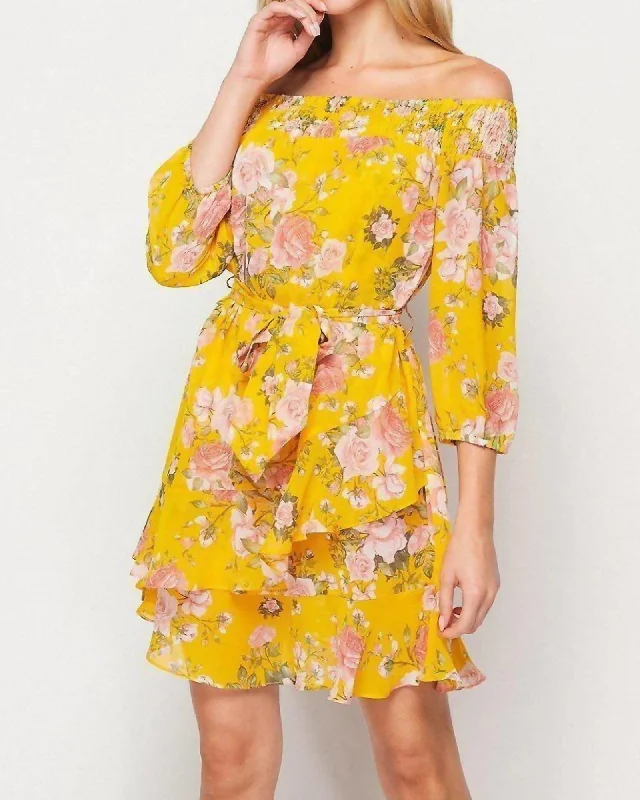 Floral Off The Shoulder Mini Dress in Yellow Multi | Yellow Multi Trendy Mini Dress with Belt Floral Off The Shoulder Mini Dress in Yellow Multi | Yellow Multi Trendy Mini Dress with Belt