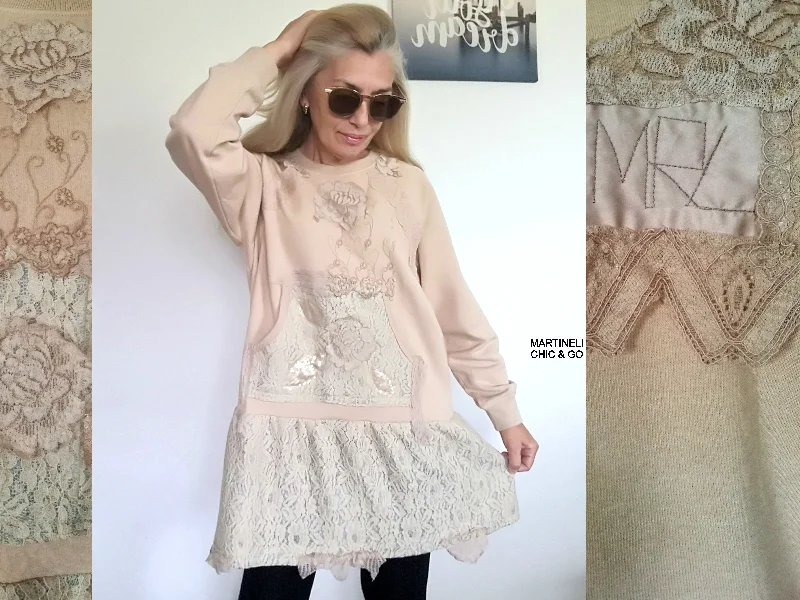 Beige Sweatshirt Dress XL Boho Style Embroidered Dress Hoodie with Drawcord Adjustable Secure Beige Sweatshirt Dress XL Boho Style Embroidered Dress Hoodie with Drawcord Adjustable Secure