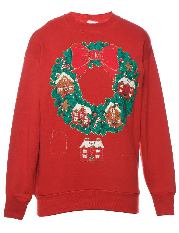 Red Sparkly Wreath Christmas Sweatshirt - L Hoodie with Hidden Zipper Minimalist Clean Red Sparkly Wreath Christmas Sweatshirt - L Hoodie with Hidden Zipper Minimalist Clean