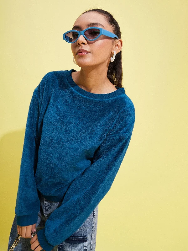 Girls Blue Fleece Fur Sweatshirt Hoodie with Longline Fit Extended Stylish