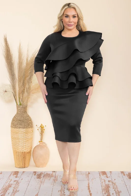 Plus Size Double Layer Detail Front and Double Ruffle Hem Peplum Midi Dress Tunics Leisure comfortable Plus Size Double Layer Detail Front and Double Ruffle Hem Peplum Midi Dress Tunics Leisure comfortable