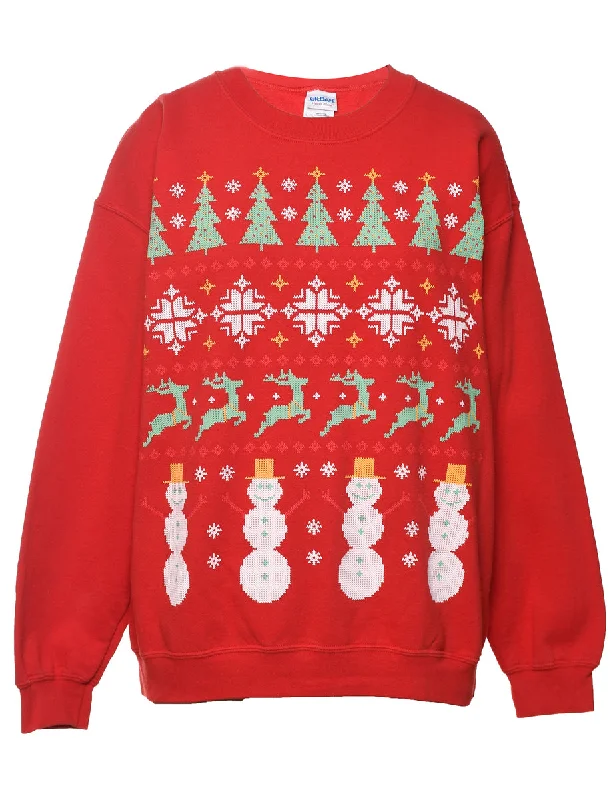 Snowman Christmas Sweatshirt - L Hoodie with Zipper Placket Modern Functional