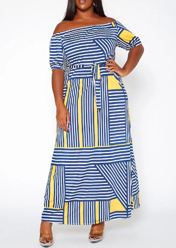 HI Curvy Plus Size Women Striped Print Off Shoulder Maxi Dress Tunics Office stylish HI Curvy Plus Size Women Striped Print Off Shoulder Maxi Dress Tunics Office stylish