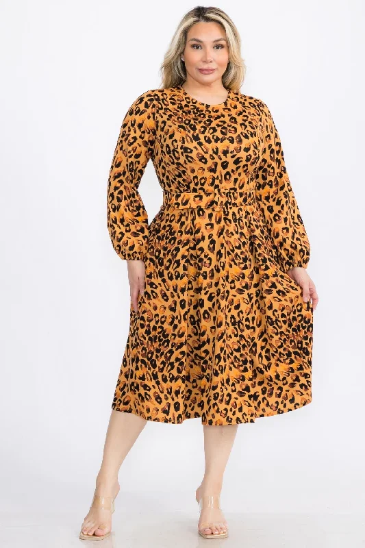 Plus Size Animal Skin Bishop Sleeves Sleeves Midi Dress with Belt Tunics Prom sequined Plus Size Animal Skin Bishop Sleeves Sleeves Midi Dress with Belt Tunics Prom sequined