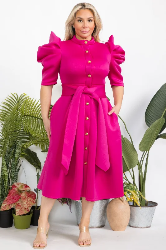 Plus Size Puffy Cap Short Sleeves Button Down Flare Midi Dress With Belt and Pockets Tunics Polka dots Plus Size Puffy Cap Short Sleeves Button Down Flare Midi Dress With Belt and Pockets Tunics Polka dots