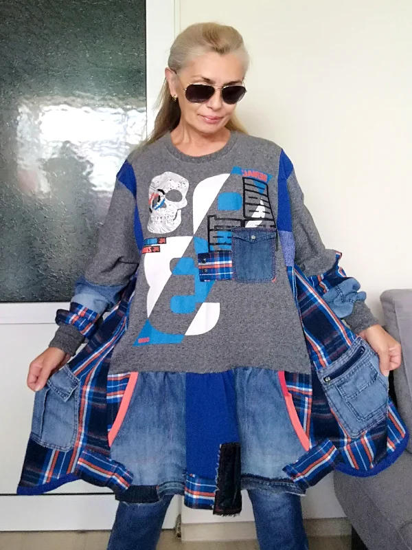 Plus Size Sweatshirt Dress 5X Maxi Denim Tunic Dress Hoodie with Lining Warm Insulated