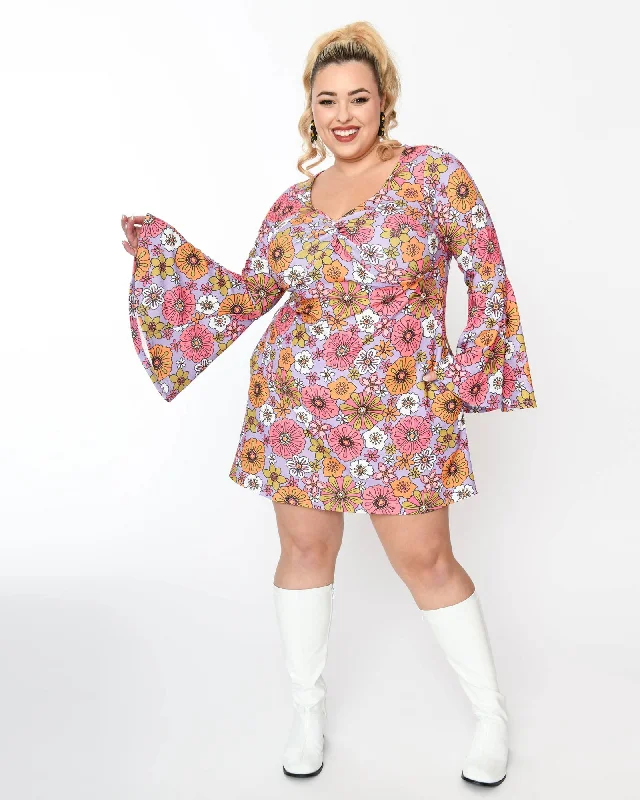 Smak Parlour Lavender Retro Blooms Mini Dress | Lavender Retro Bloom Casual Mini Dress with Pockets Smak Parlour Lavender Retro Blooms Mini Dress | Lavender Retro Bloom Casual Mini Dress with Pockets
