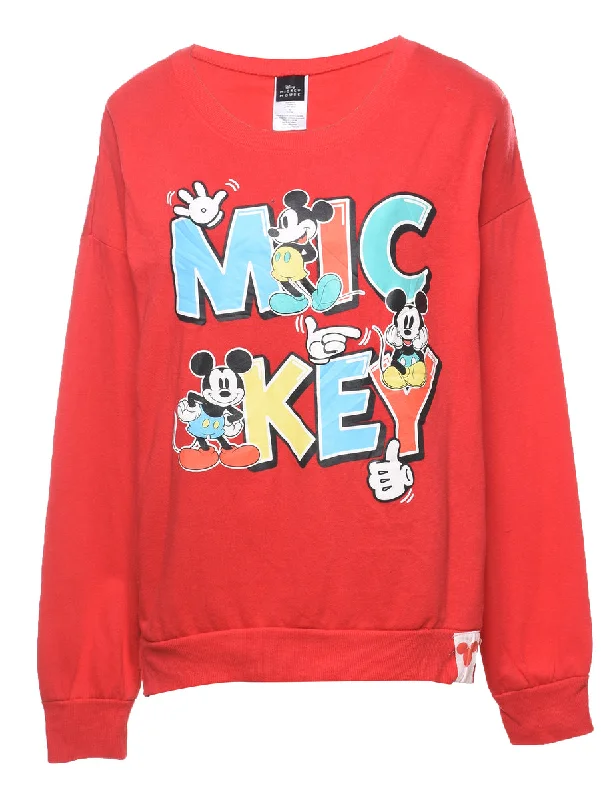 Disney Mickey Mouse Red & Light Blue 1990s Cartoon Sweatshirt - L Hoodie with Hem Applique Textured Unique Disney Mickey Mouse Red & Light Blue 1990s Cartoon Sweatshirt - L Hoodie with Hem Applique Textured Unique