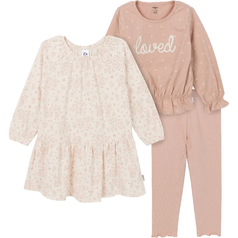3-Piece Toddler Girls Tan Dress, Top and Legging Cozy Reflective Detail Leggings