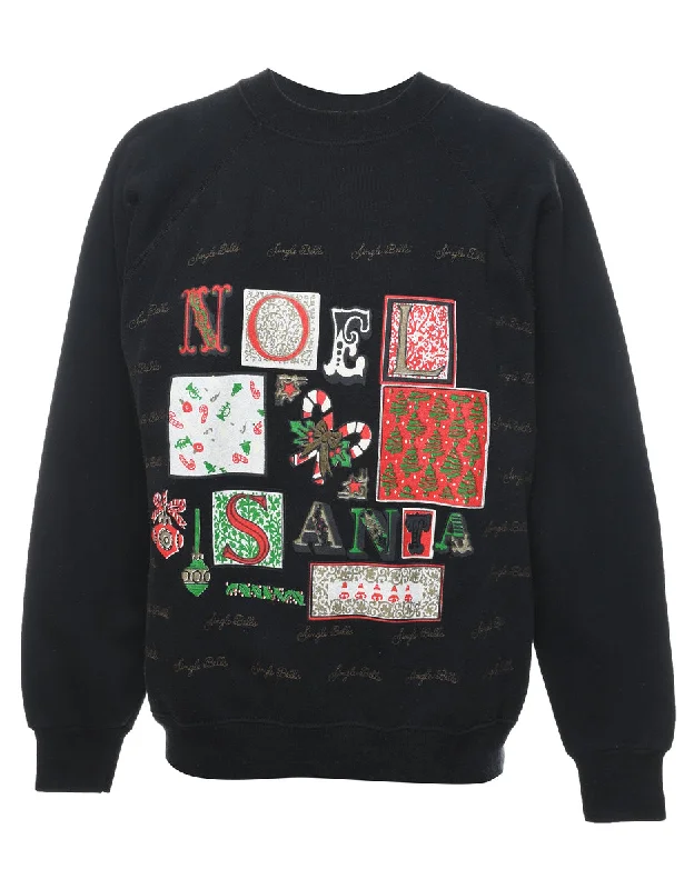 Black Christmas Sweatshirt - L Hoodie with Ribbed Cuffs Snug Fit Comfort