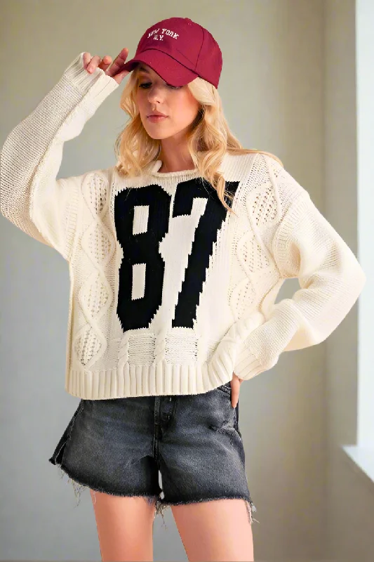 Aemi+Co Cable Knit Sweater 87 Retro Collegiate Varsity Wool Pullover Shark-Bite Top dolman Sleeve Top Aemi+Co Cable Knit Sweater 87 Retro Collegiate Varsity Wool Pullover Shark-Bite Top dolman Sleeve Top