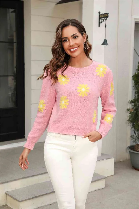 Flower Pullover Sweater (S-XL) Slit Sleeve Stylish