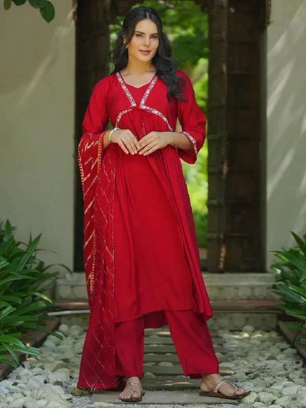 Red Solid Silk Blend A-Line Kurta With Trousers & Dupatta Trousers sophisticated sleek Red Solid Silk Blend A-Line Kurta With Trousers & Dupatta Trousers sophisticated sleek