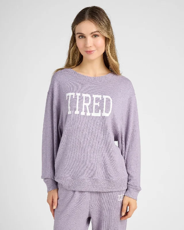 Heathered Shoreline Hacci "Tired" Graphic Pullover Open Neck Pullover