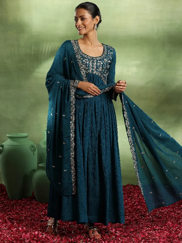 Teal Yoke Design Silk Blend A-Line Kurta With Trousers & Dupatta Trousers Formal Black