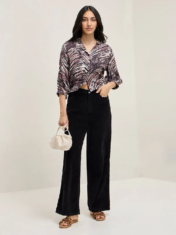 LOV Black Corduroy High-Rise Cotton-Blend Trousers Trousers Tapered Slim Fit