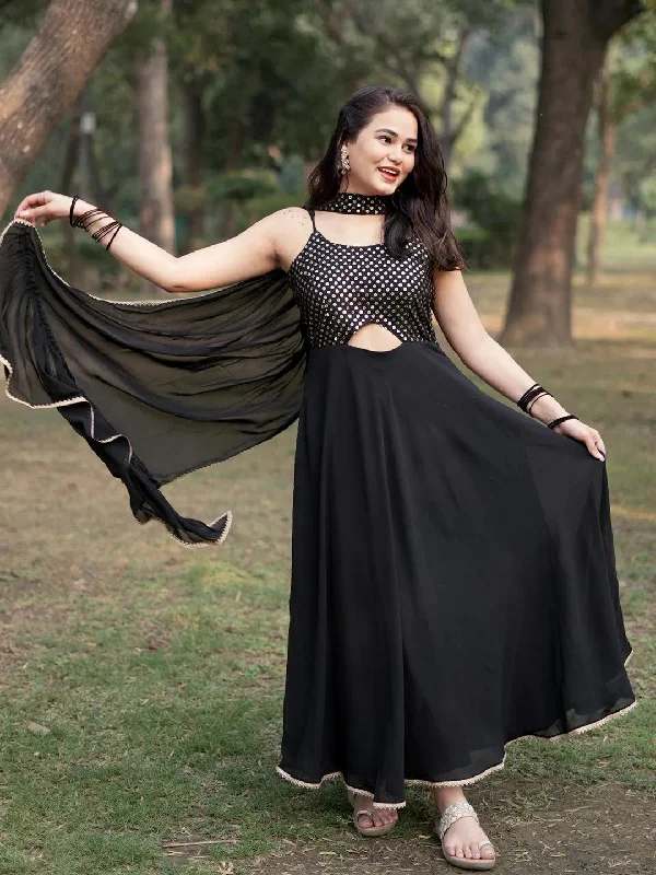 Black Embroidered Georgette A-Line Kurta With Trousers & Dupatta Wide Leg Loose Fit Mid Waist