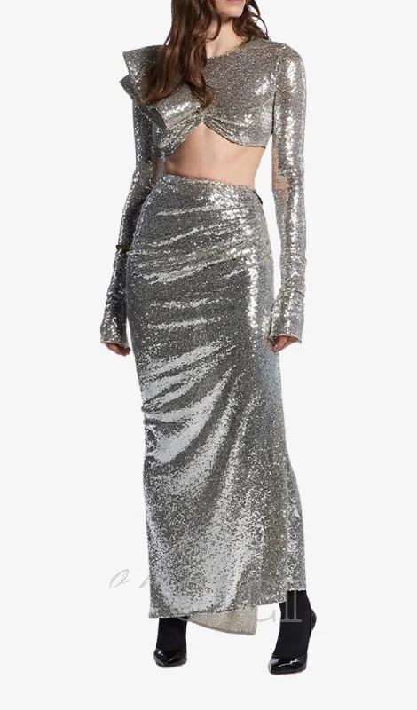 crop top drape skirt set in silver Hooded Caped Shawl Collar