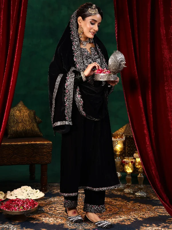 Black Embroidered Velvet A-line Kurta  With Trousers & Dupatta Trousers Bootcut Casual