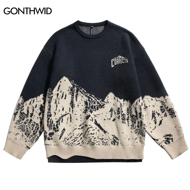 Vintage Sweaters Streetwear 90s Hip Hop Knitted Mountain Pullover Jumpers Autumn Winter Harajuku Casual Loose Knitwear Fitted Ribbed Sweater Vintage Sweaters Streetwear 90s Hip Hop Knitted Mountain Pullover Jumpers Autumn Winter Harajuku Casual Loose Knitwear Fitted Ribbed Sweater