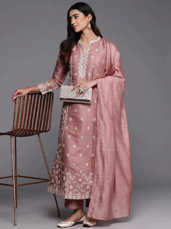 Libas Art Peach Embroidered Silk Blend A-Line Kurta With Trousers & Dupatta Trousers Brand Named Libas Art Peach Embroidered Silk Blend A-Line Kurta With Trousers & Dupatta Trousers Brand Named
