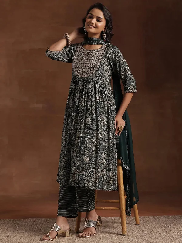 Green Printed Silk Blend A-Line Kurta With Trousers & Dupatta Trousers High Rise Slim Fit