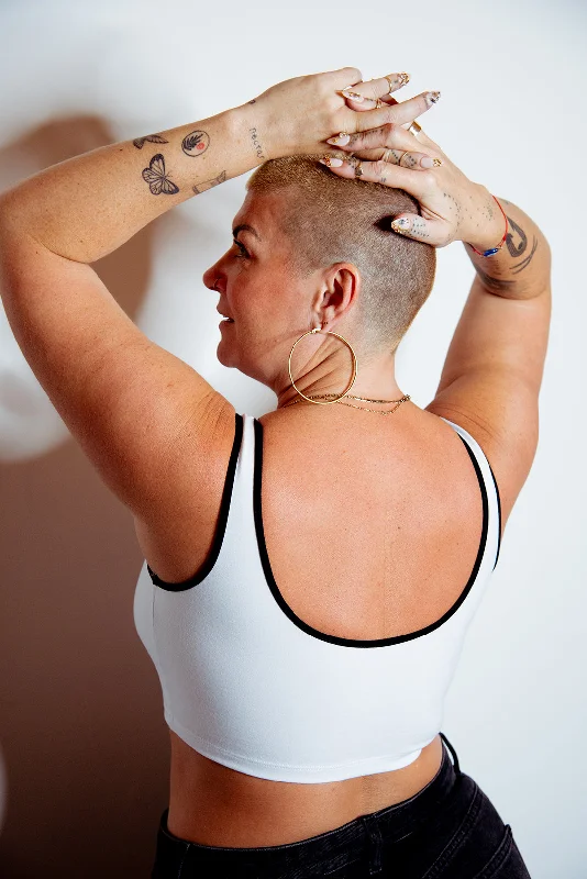 Api Crop Top in White/Black piping Spandex Blend Rayon Blend Denim Blend