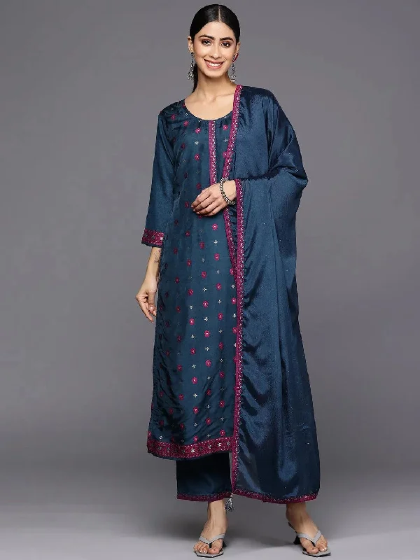 Navy Blue Self Design Silk Blend Straight Kurta With Trousers & Dupatta Trousers Fall Fleece Navy Blue Self Design Silk Blend Straight Kurta With Trousers & Dupatta Trousers Fall Fleece