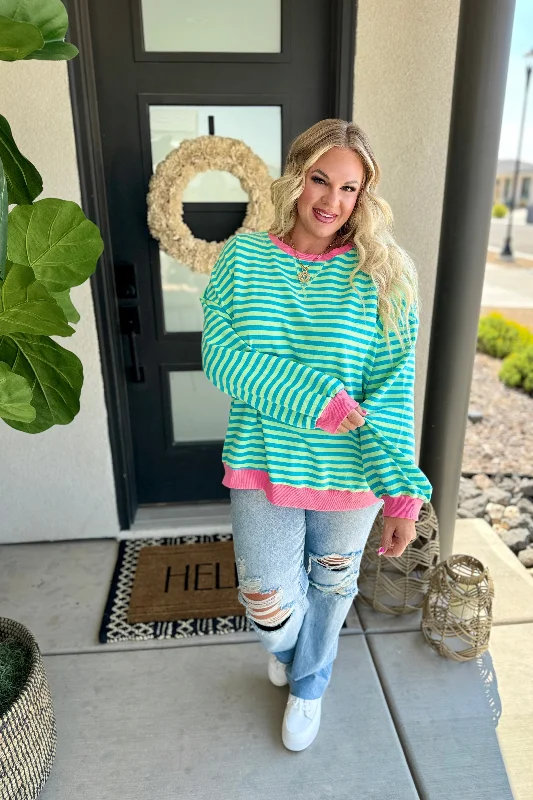 Hazel Blues® | Best Selling Larson Contrast Pullover in Green/Blue Bateau Neck Pullover Hazel Blues® | Best Selling Larson Contrast Pullover in Green/Blue Bateau Neck Pullover