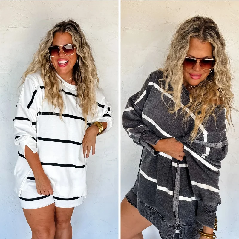 Hazel Blues® | PREORDER: Classic Crew Striped Pullover in Two Colors Short Puff Sleeve Hazel Blues® | PREORDER: Classic Crew Striped Pullover in Two Colors Short Puff Sleeve