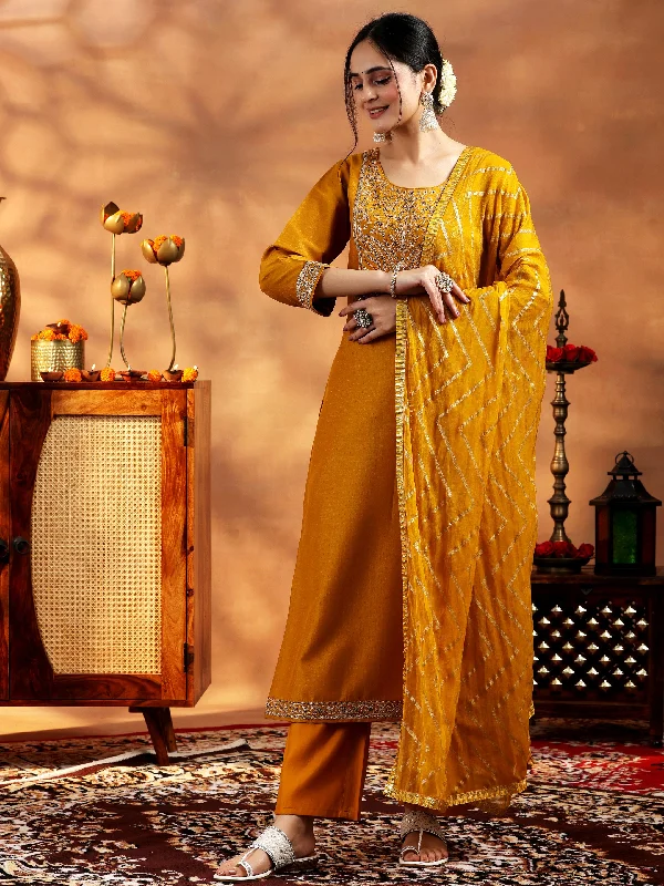 Mustard Embroidered Silk Blend A-Line Kurta With Trousers & Dupatta Trousers Denim Blue Mustard Embroidered Silk Blend A-Line Kurta With Trousers & Dupatta Trousers Denim Blue