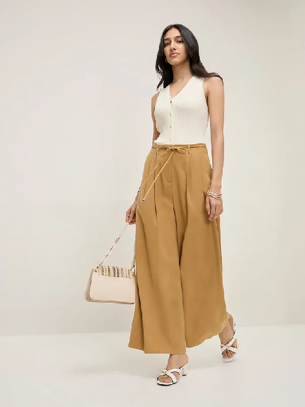 LOV Mustard High-Rise Wide-Leg Trousers with Belt Chinos Cotton Straight Leg
