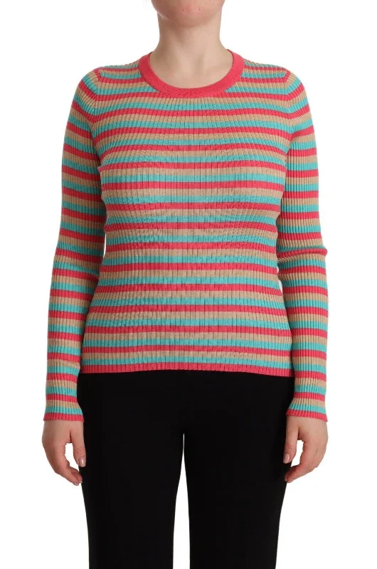 Dolce & Gabbana Elegant Striped Silk Crew Neck Pullover Ribbed Crew Neck