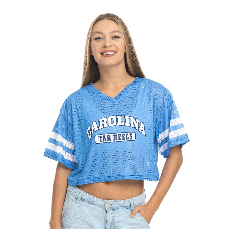 Carolina Tar Heels V-Neck Mesh Crop Top Front Pockets Side Pockets Patch Pockets