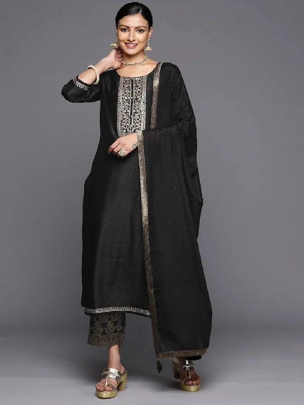 Black Yoke Design Silk Blend Straight Kurta With Trousers & Dupatta Trousers Sale Discount Black Yoke Design Silk Blend Straight Kurta With Trousers & Dupatta Trousers Sale Discount