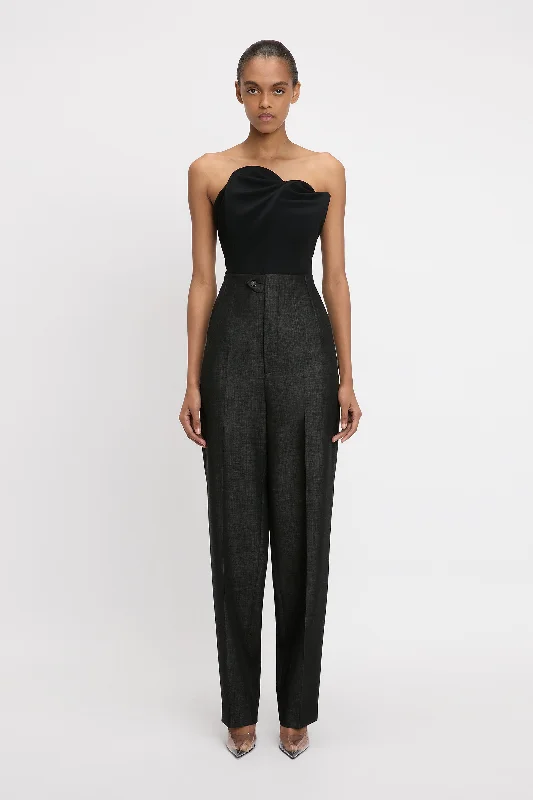 Corset Detail Trouser In Black Chinos Cotton Straight Leg